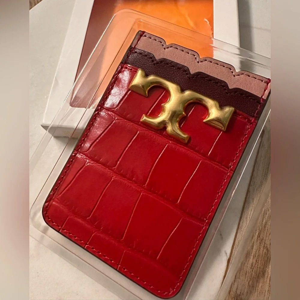 NWT! NEW! Tory Burch Eleanor Gold Logo Phone Card Pocket Holder Croc Embossed
